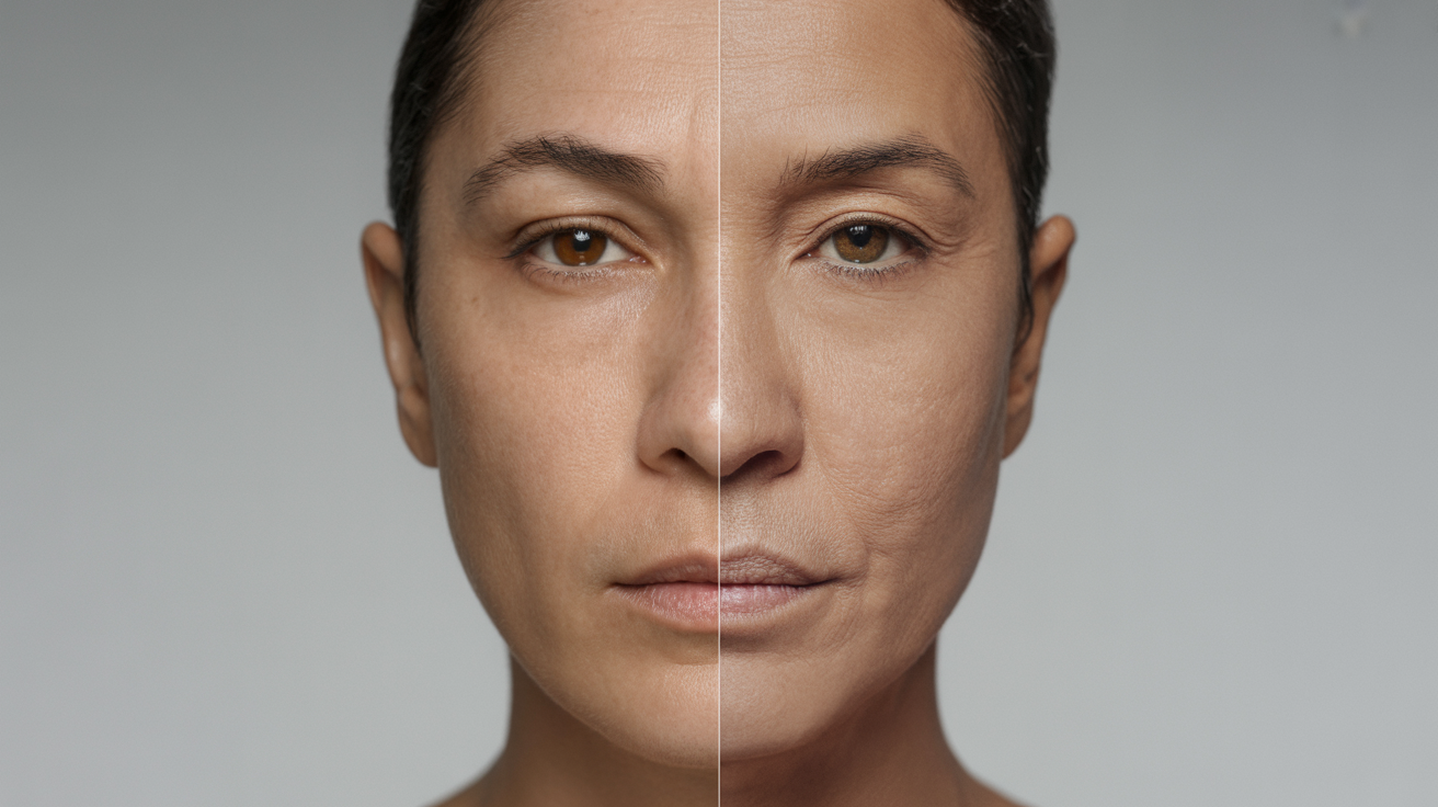 A woman shown before and after facial rejuvenation, highlighting improved skin texture and youthful appearance.