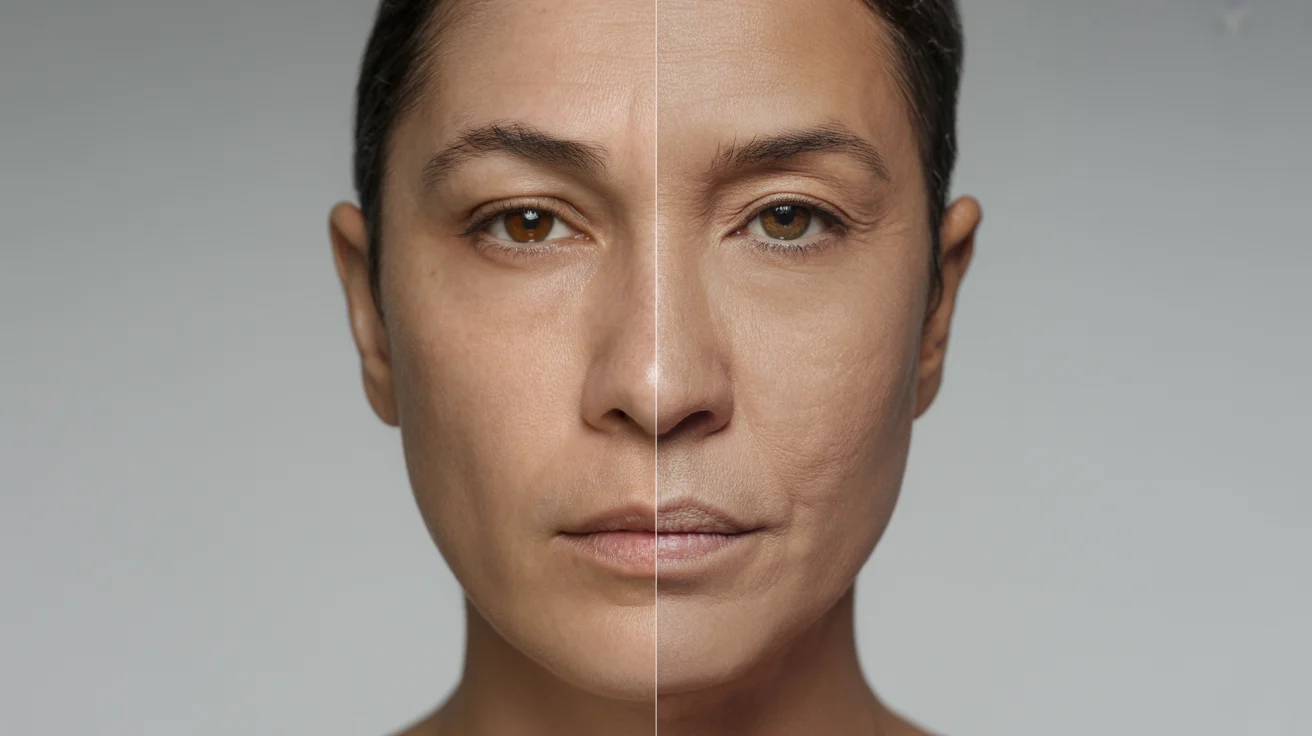 A woman shown before and after facial rejuvenation, highlighting improved skin texture and youthful appearance.
