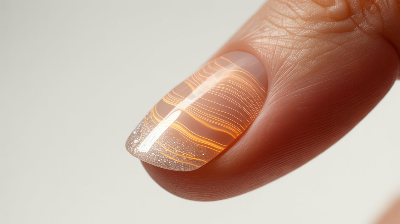 A person holding a nail featuring a distinctive white and orange design, showcasing its unique color pattern.