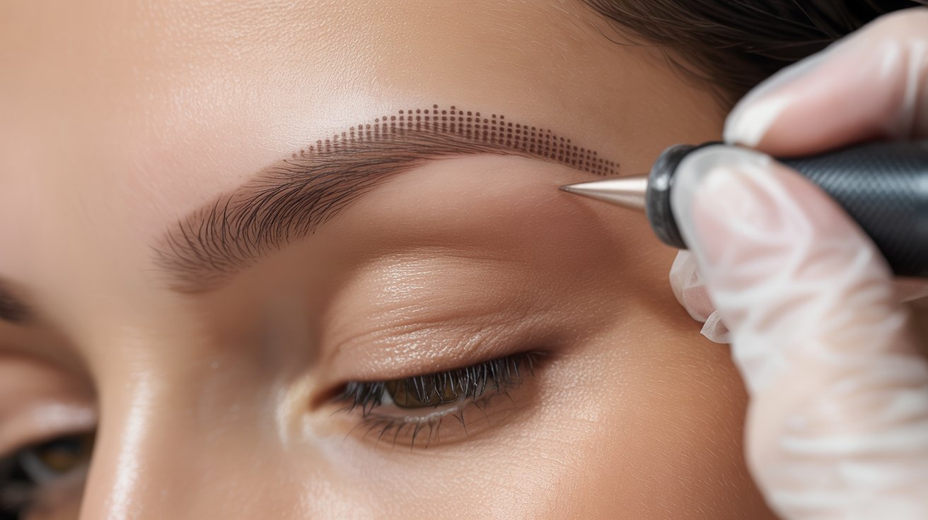 A woman undergoing eyebrow tattooing with a machine, focused on her beauty treatment.