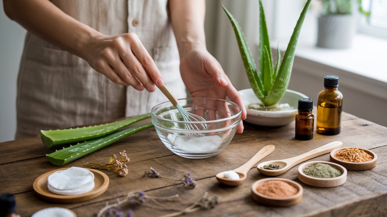 Woman mixing aloe vera and other natural ingredients to create a facial mask for skincare.