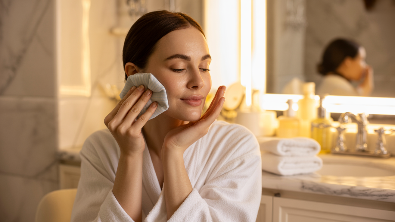 A woman in a bathrobe cleans her face with a sponge, focusing on her skincare routine.