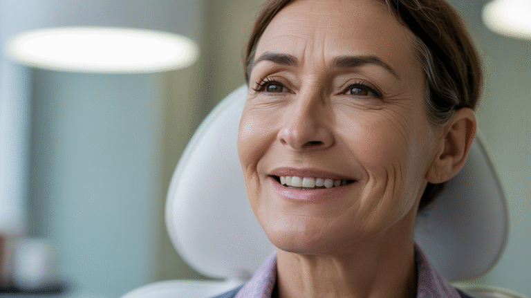 A woman with a joyful expression, sitting comfortably in a chair.