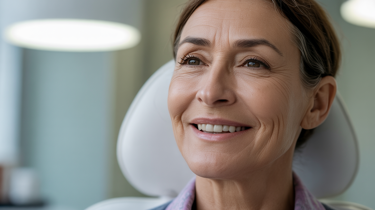 A woman with a joyful expression, sitting comfortably in a chair.