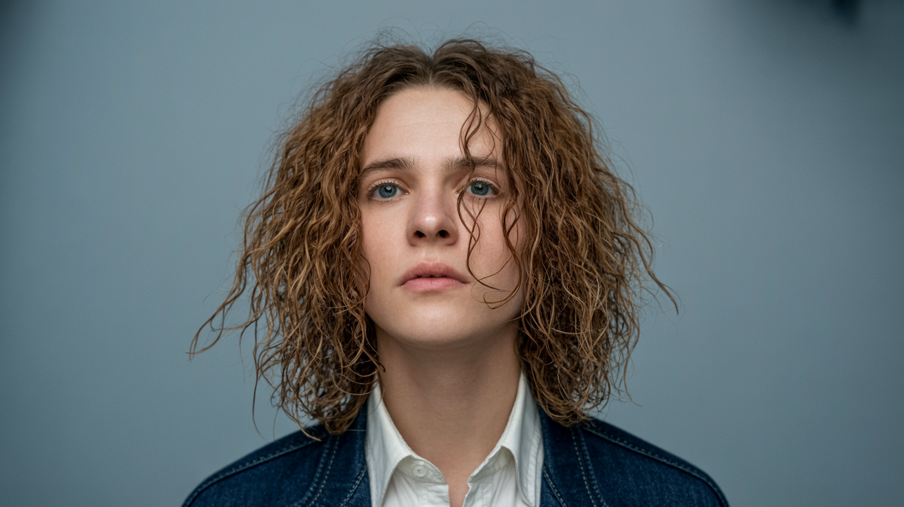 A woman with curly hair dressed in a blue shirt stands confidently.