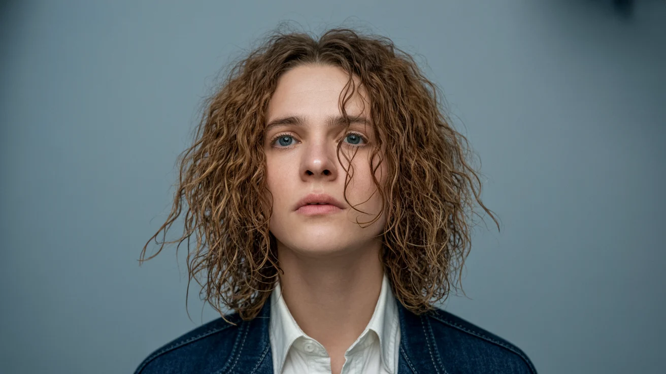A woman with curly hair dressed in a blue shirt stands confidently.