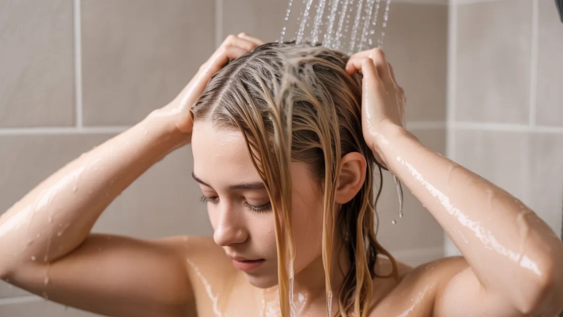 A woman washes her hair in the shower, surrounded by water and steam.