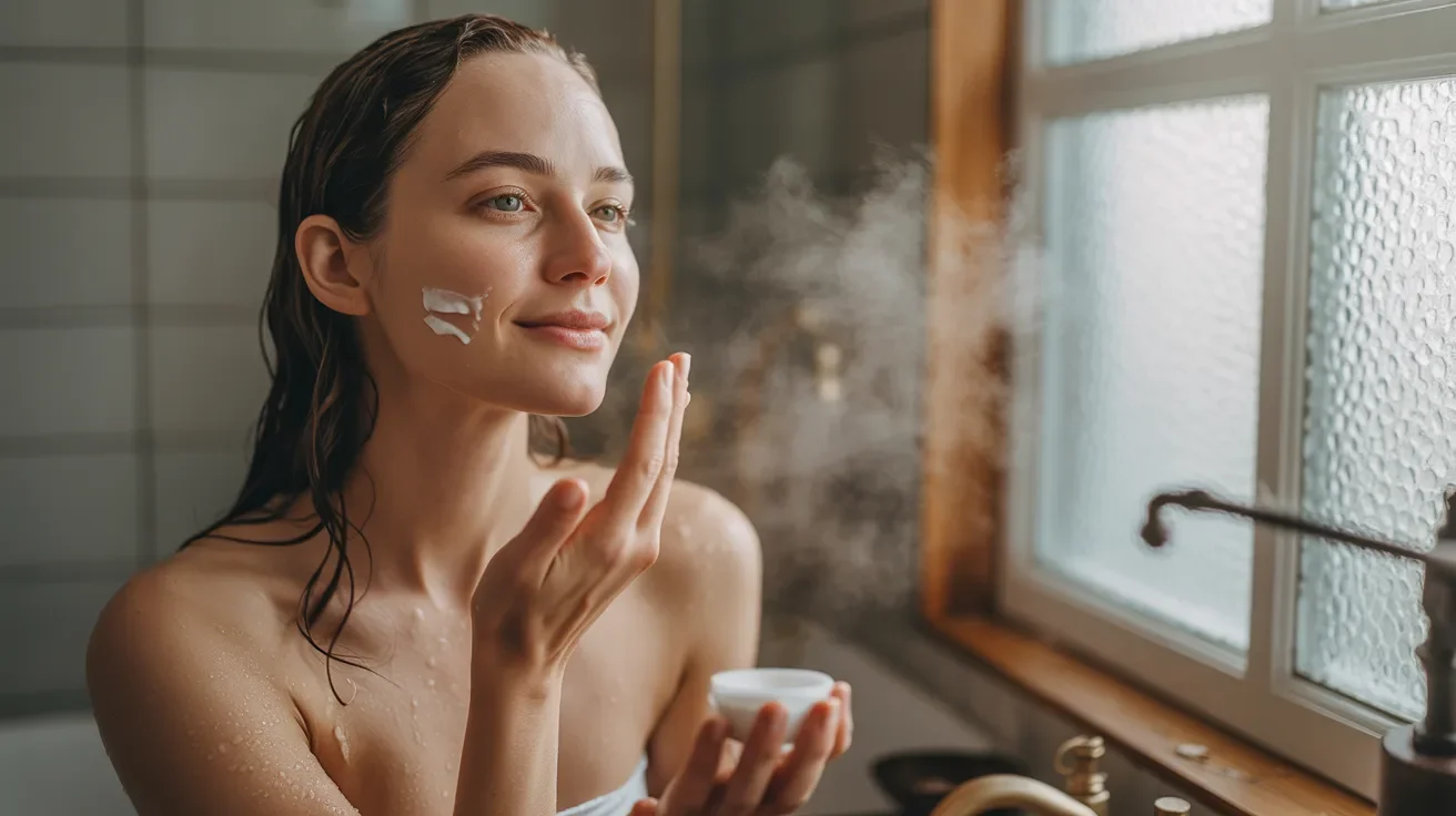 A woman applies cream to her face, illustrating expert tips for winter skin care