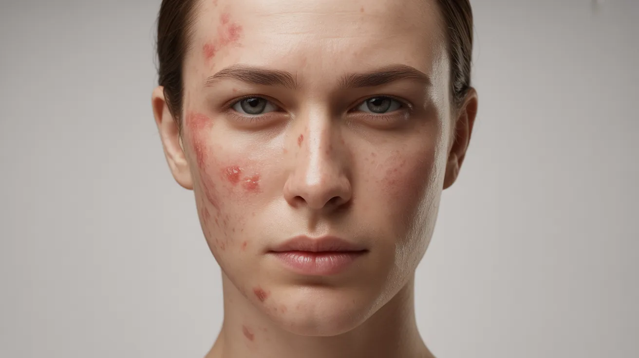 A woman with visible acne on her face, contemplating the effects of alcohol on skin health