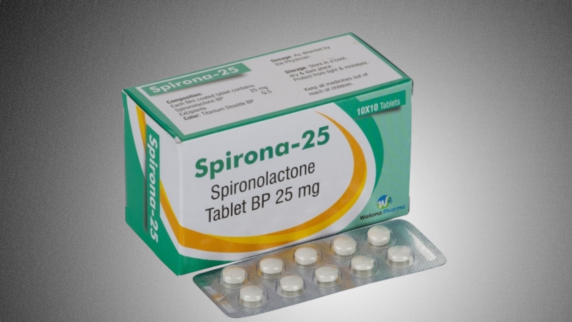 Spironolactone 25 mg tablets in a blister pack, labeled for use in treating various medical conditions.