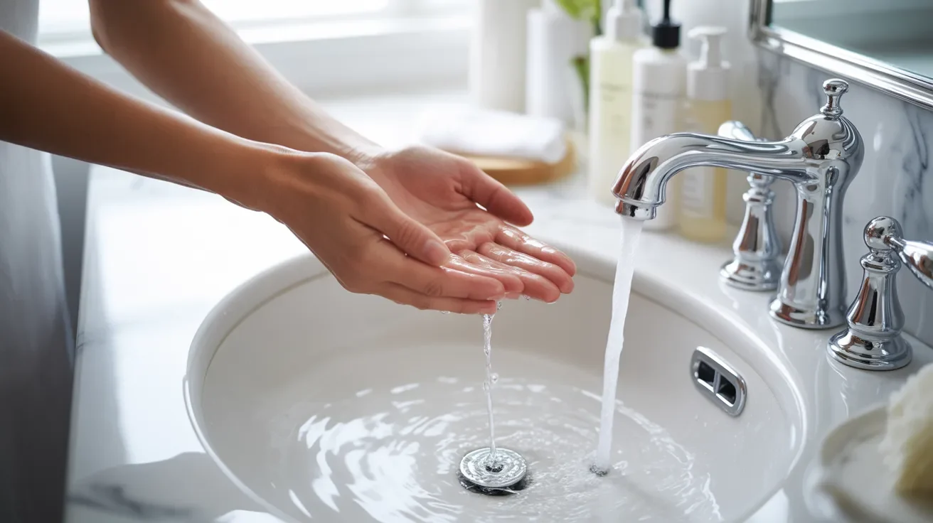 A person washing their hands at a bathroom sink, exploring the effects of cold water on pore closure.