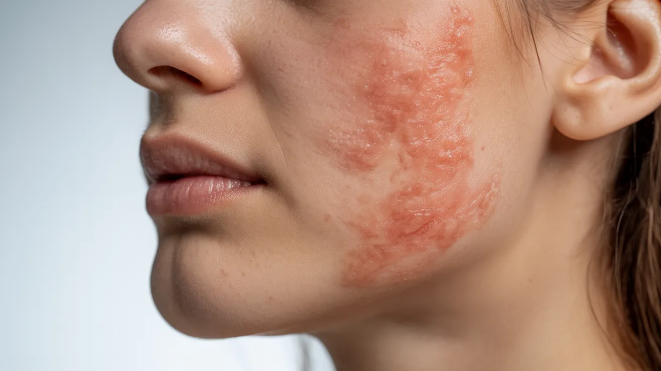 A woman displaying red skin on her face, suggesting a facial burn.