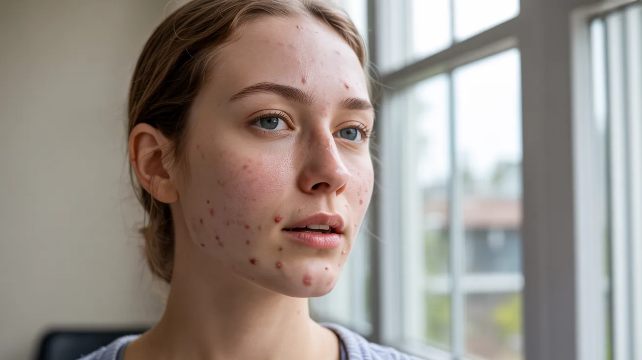 A woman with acne prominently displayed on her jawline, highlighting her skin condition.