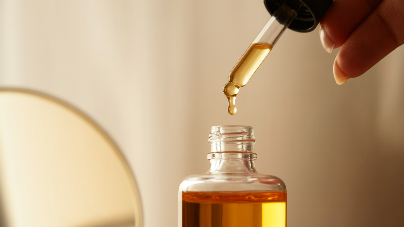 A person pouring serum into a bottle, illustrating the correct order for applying toner or serum in skincare.