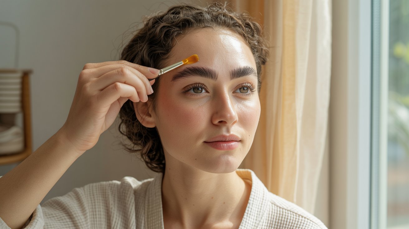 A woman is using a brush to groom her eyebrows, paying attention to detail for a polished look.