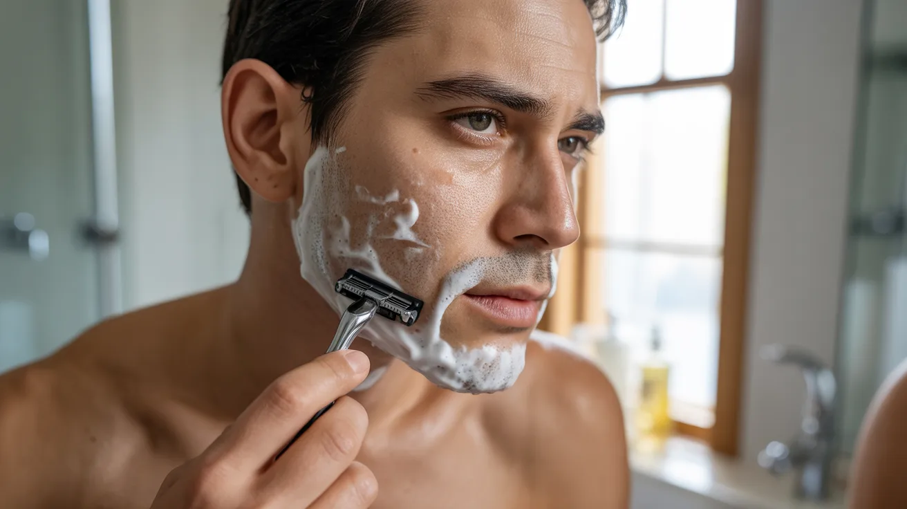A man carefully shaving his face with a razor, focusing on achieving a clean and smooth appearance.