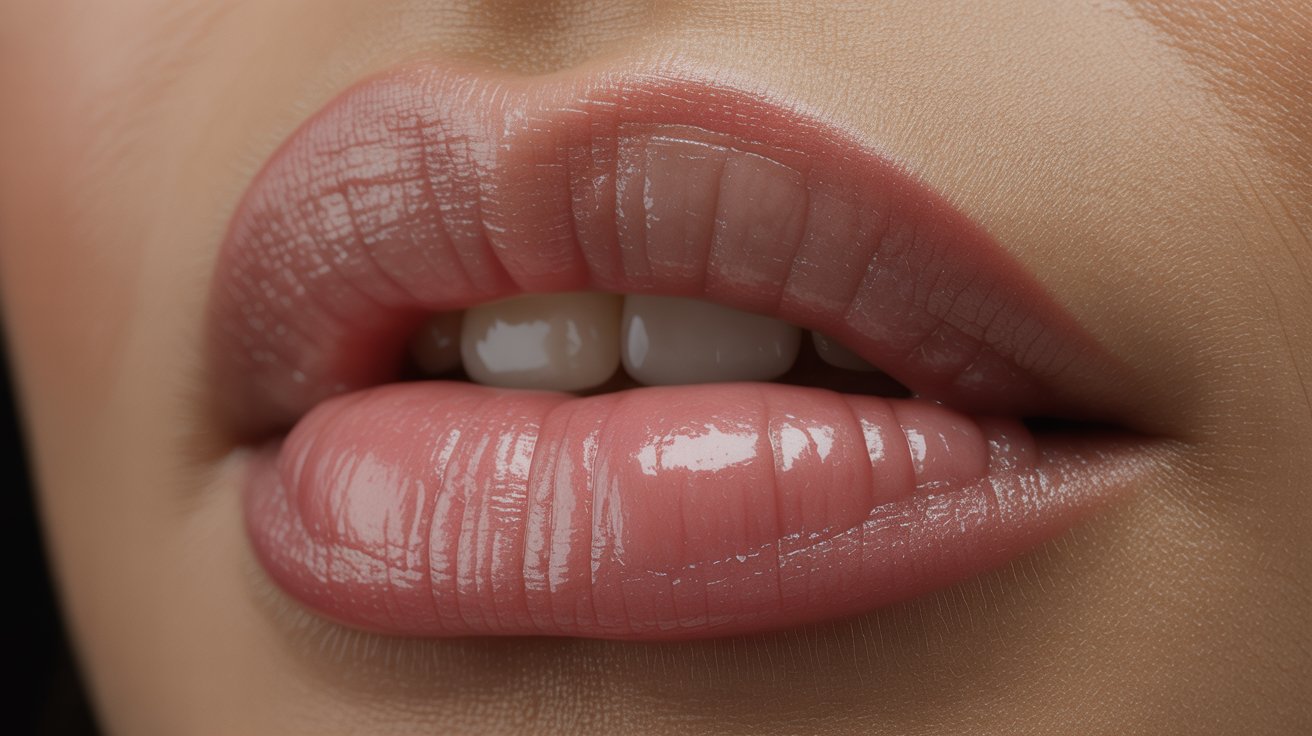 Close-up of a woman's lips coated in shiny pink lip gloss, highlighting their smooth texture and vibrant color.