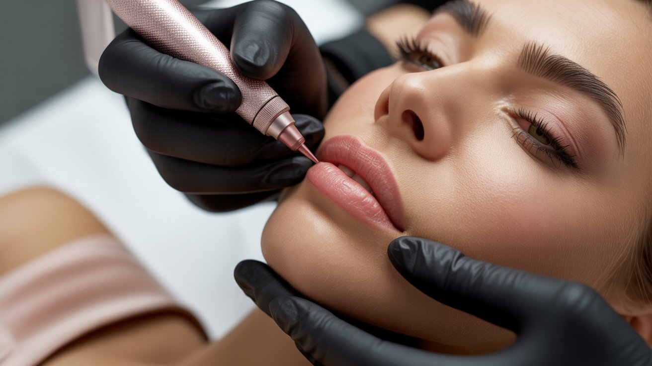 A woman using a beauty device to enhance her lips in a modern salon setting.