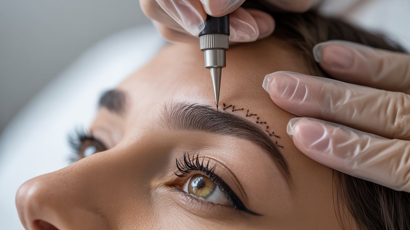 A woman receiving eyebrow enhancement using a needle in a beauty salon setting.