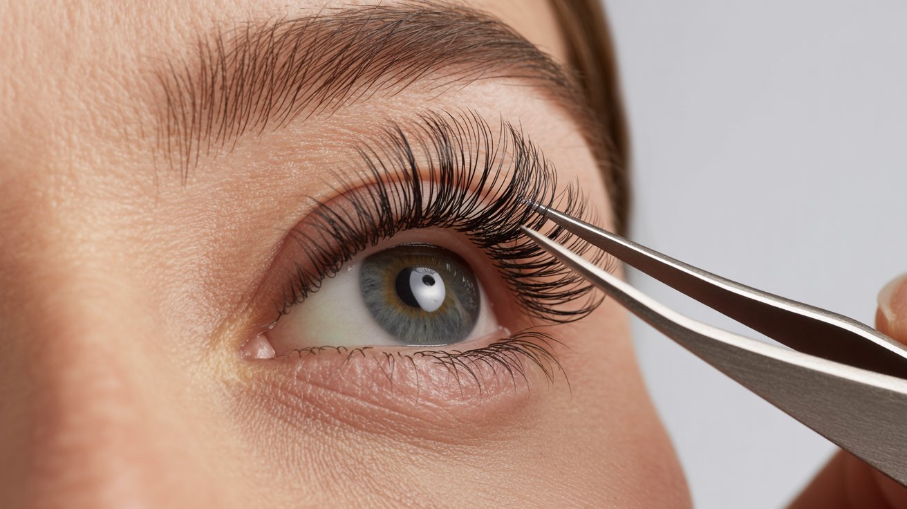 A woman with long eyelashes sits calmly as a stylist carefully trims her eyelashes.