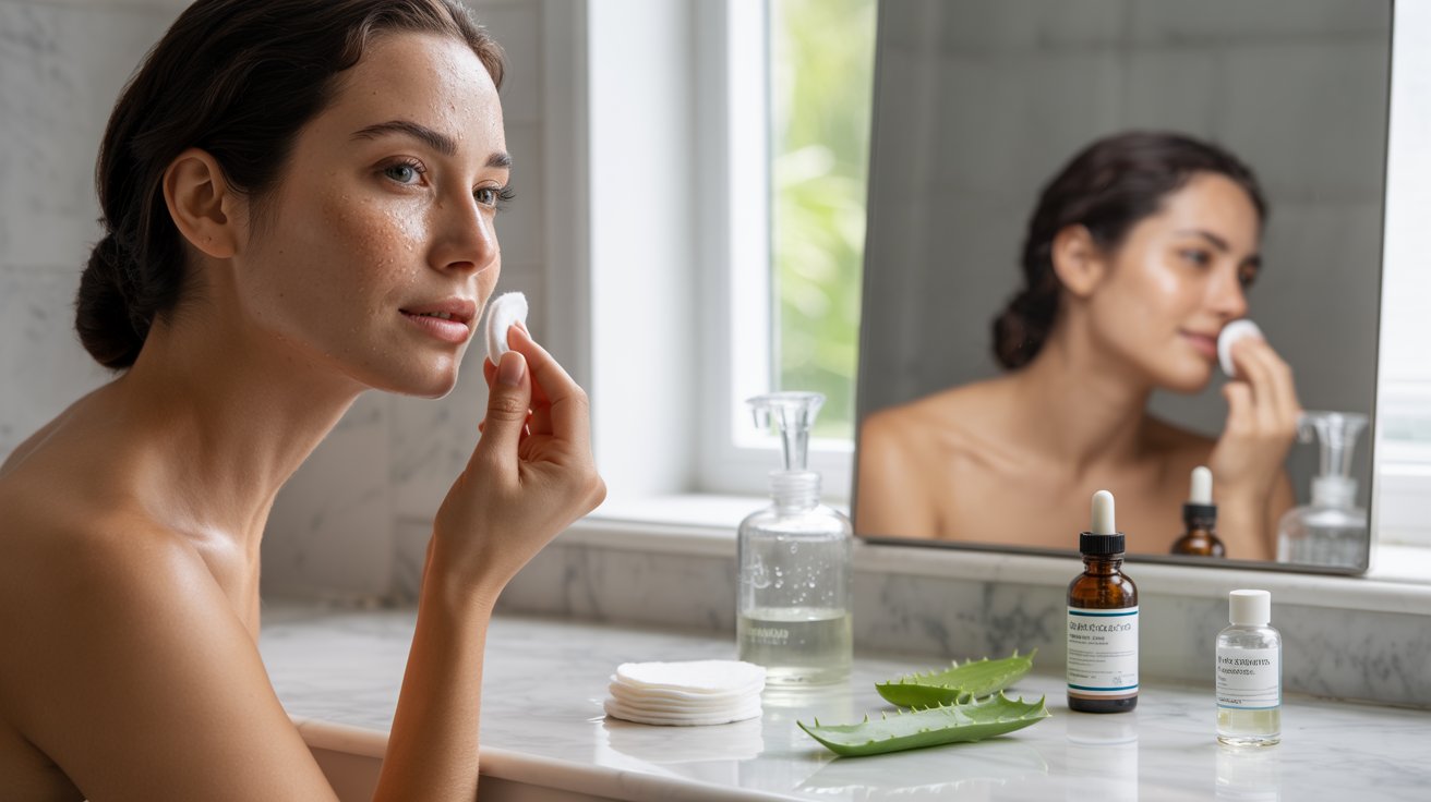 A woman applies a facial mask while looking at her reflection in a mirror.