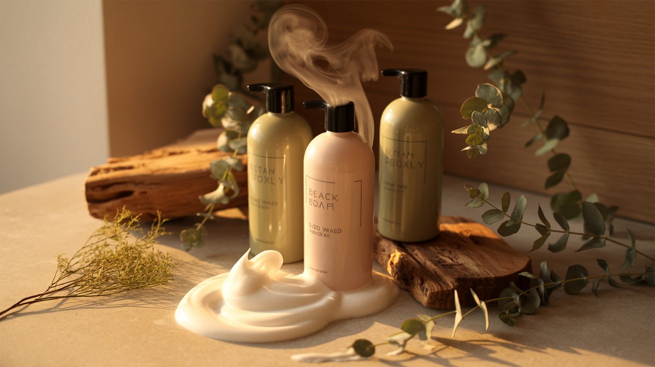 Three bottles of body wash arranged neatly on a table, showcasing various colors and labels.