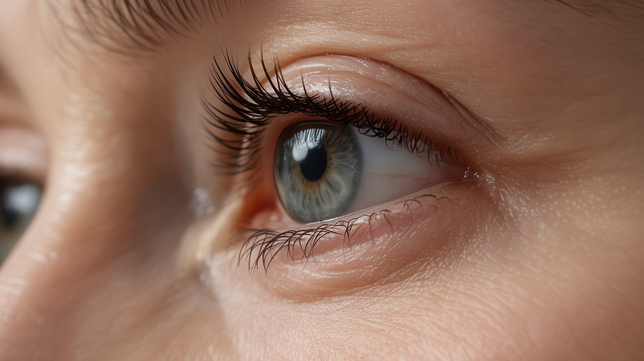 A close-up of a woman's eye, showcasing intricate details of the iris and eyelashes against a soft background.