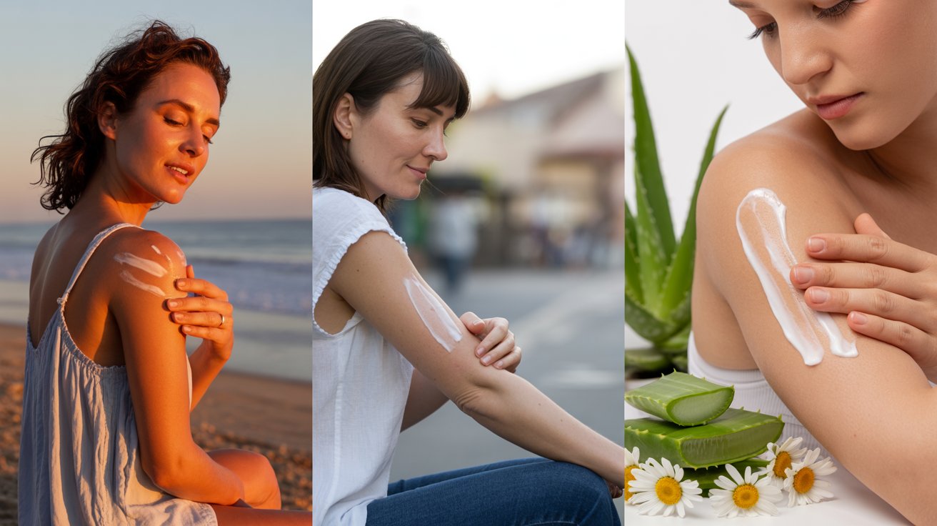 Three images of women applying aloe vera body lotion on their arms, showcasing skincare and hydration benefits.