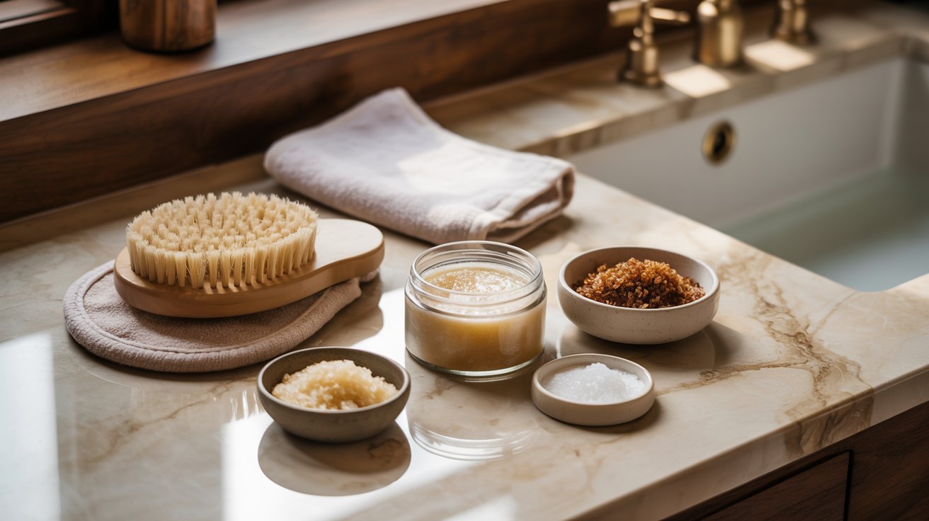 A sink featuring a bowl of soap, a brush, and another bowl of soap, arranged for cleaning purposes.