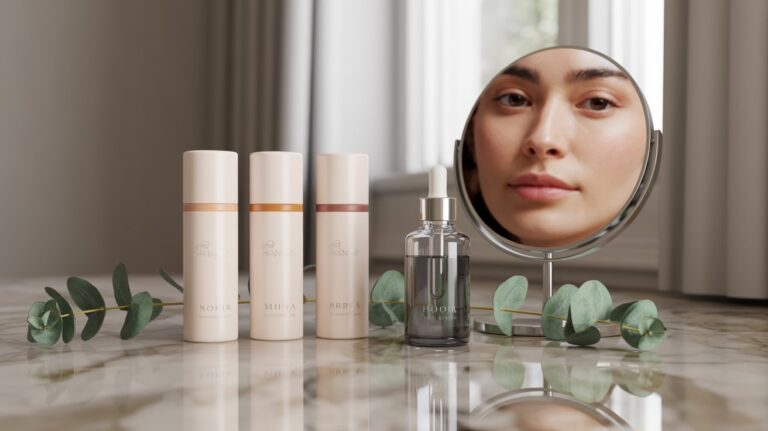 A woman examines her reflection in a mirror, surrounded by various skin care products labeled 'Best for Wrinkles.'