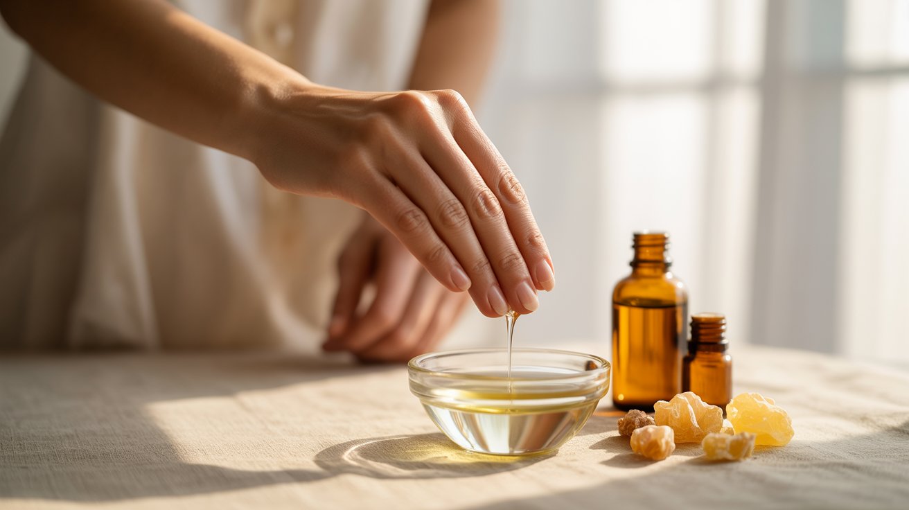 A woman holds a bottle of frankincense essential oil, showcasing its natural and aromatic qualities.