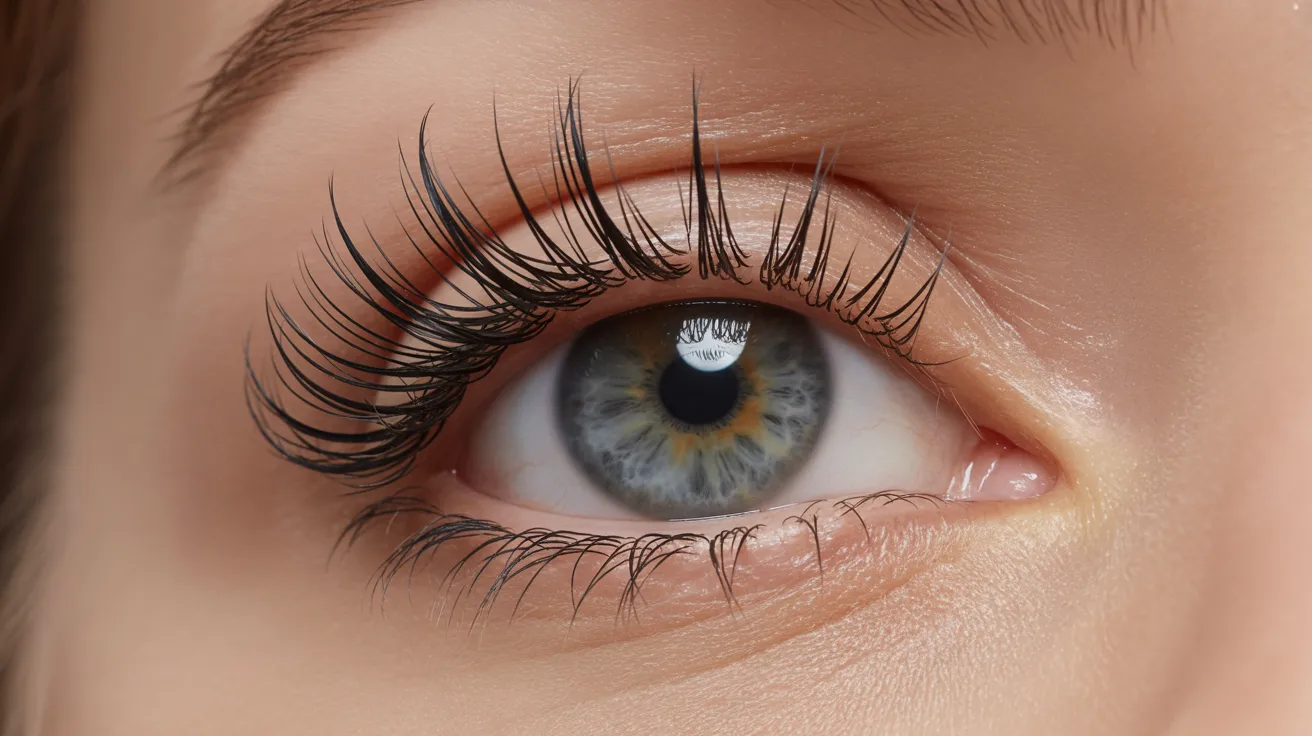 A close-up of a woman's eye showcasing long, elegant eyelashes against a soft background.