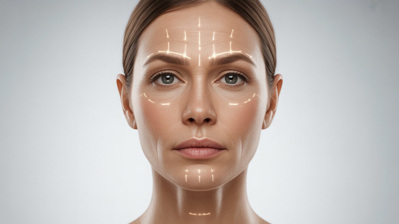 A close-up of a woman’s face, showcasing fine lines and wrinkles that reflect her age and life experiences.