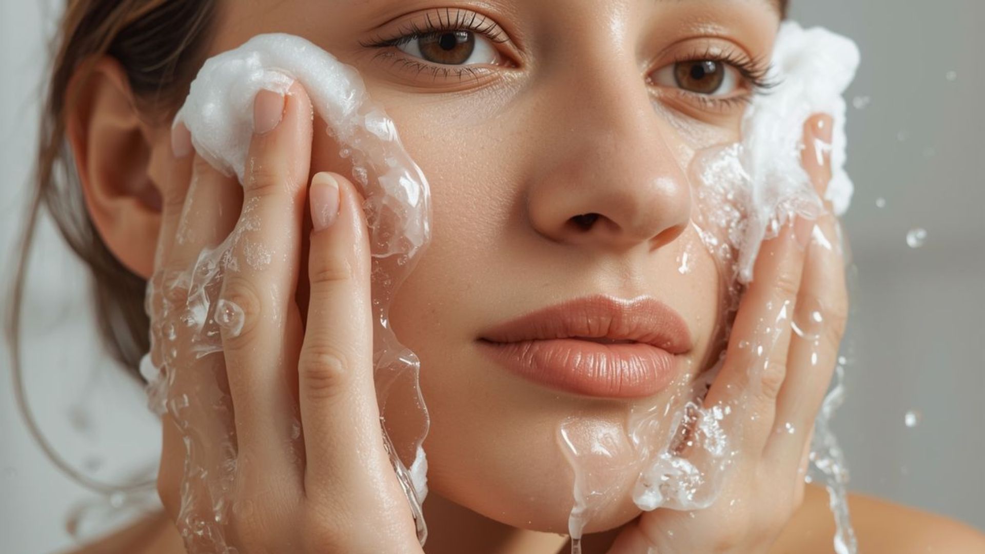 A woman is washing her face with soap, lathering her skin gently at a bathroom sink.