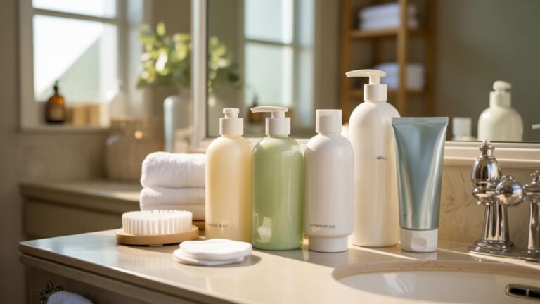 A bathroom counter displaying various bottles of shampoo and conditioner arranged neatly.