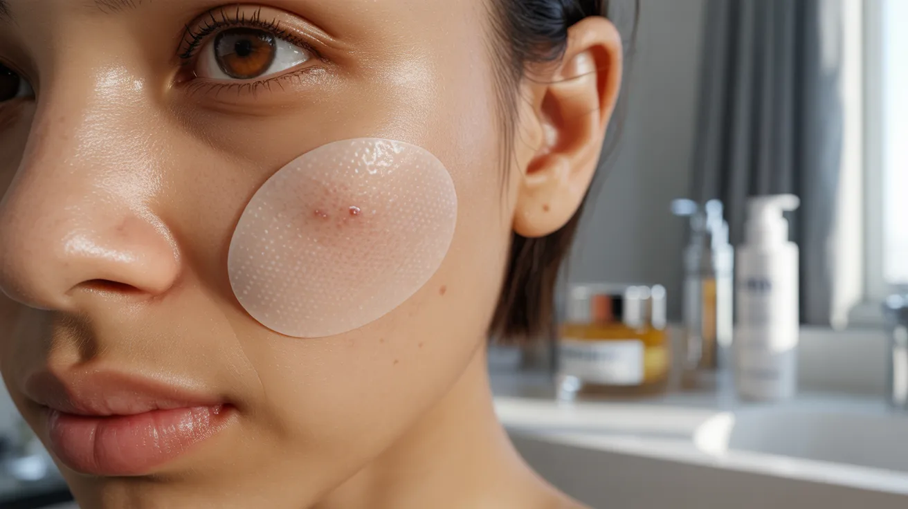 Close-up of a face with a pimple patch applied on the skin, highlighting its use for acne treatment.