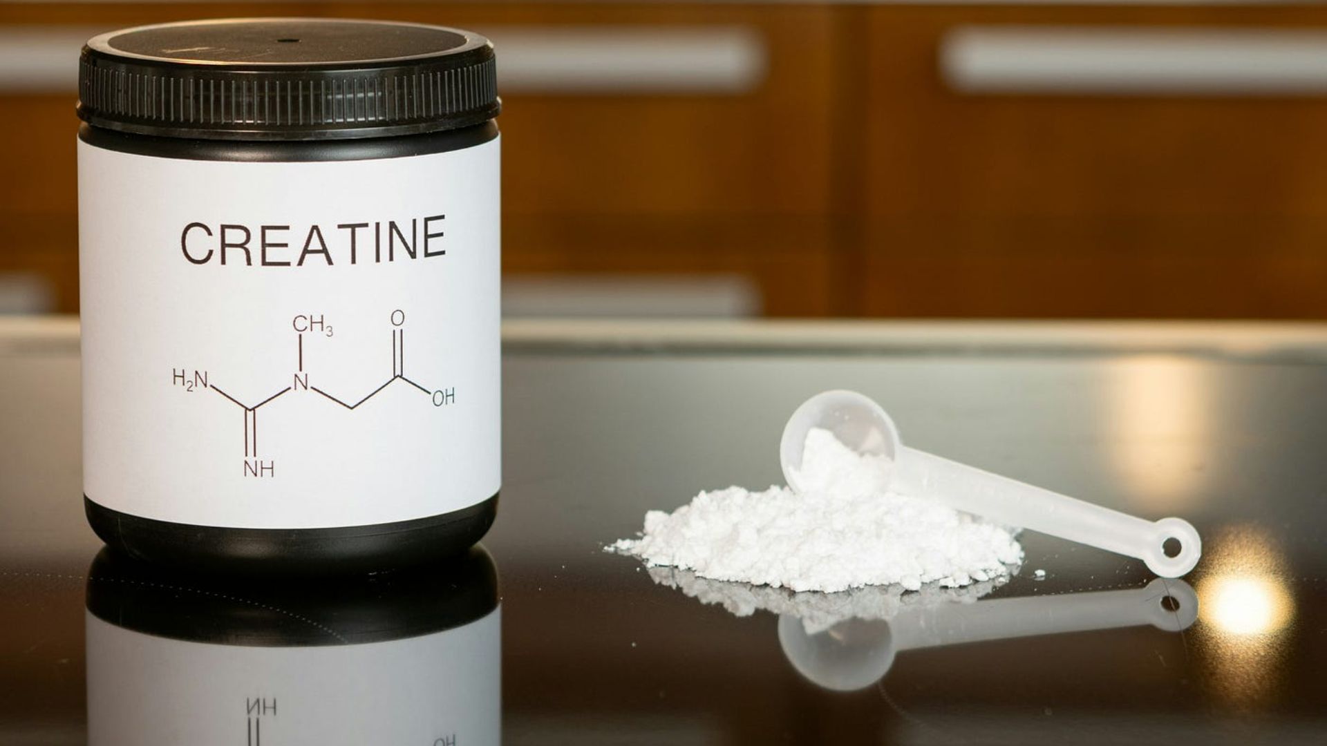 Creatine supplement shown, recognized for muscle building; inquiry regarding its potential to cause acne is included.