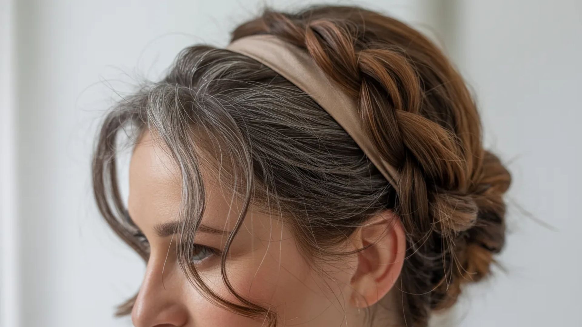 A woman wearing a braid headband, showcasing her hairstyle and adding a stylish touch to her look.