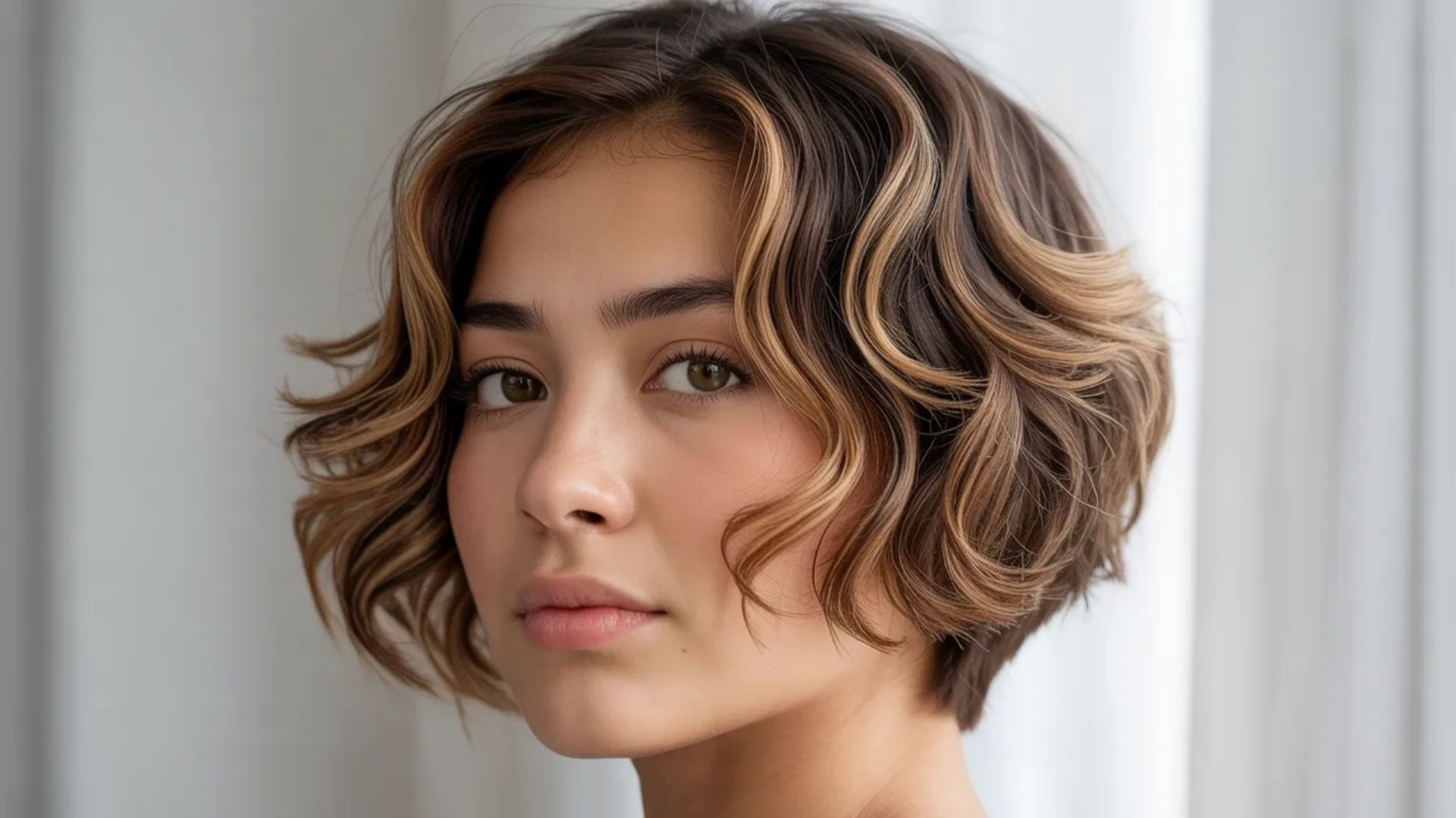 A woman with a short wavy bob haircut, showcasing her stylish and modern look.