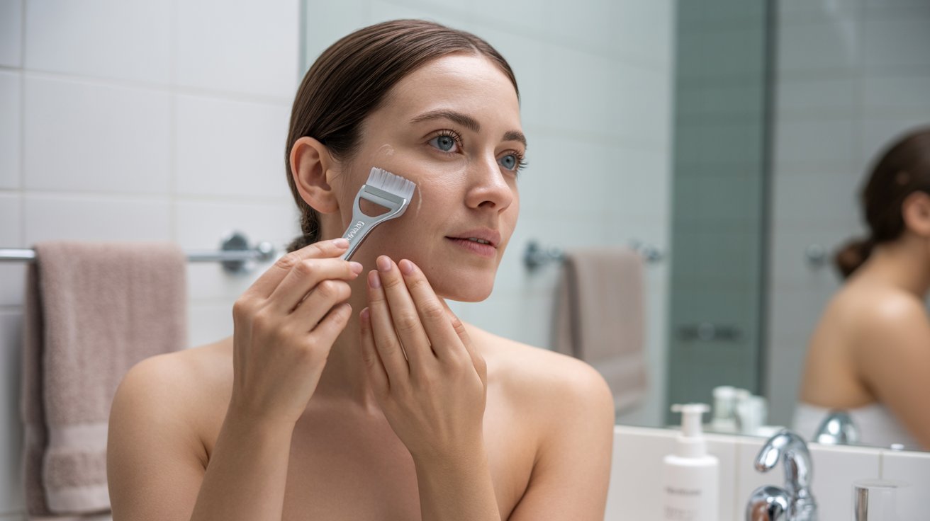 A woman carefully shaves her face with a razor, focusing on her grooming routine.