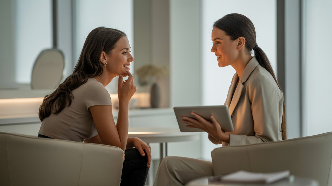 Two women seated in chairs, engaged in conversation while using a tablet together.