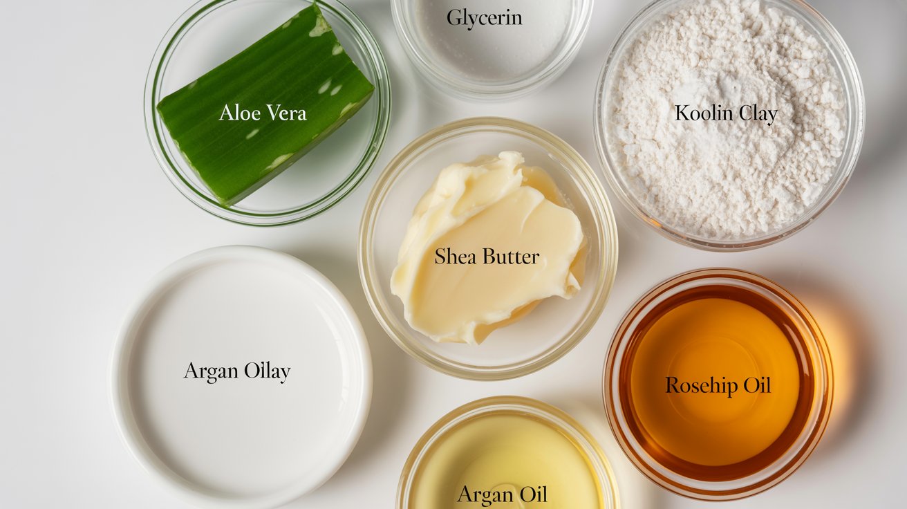 A collection of natural ingredients for homemade face masks, including fruits, honey, and essential oils on a wooden table.