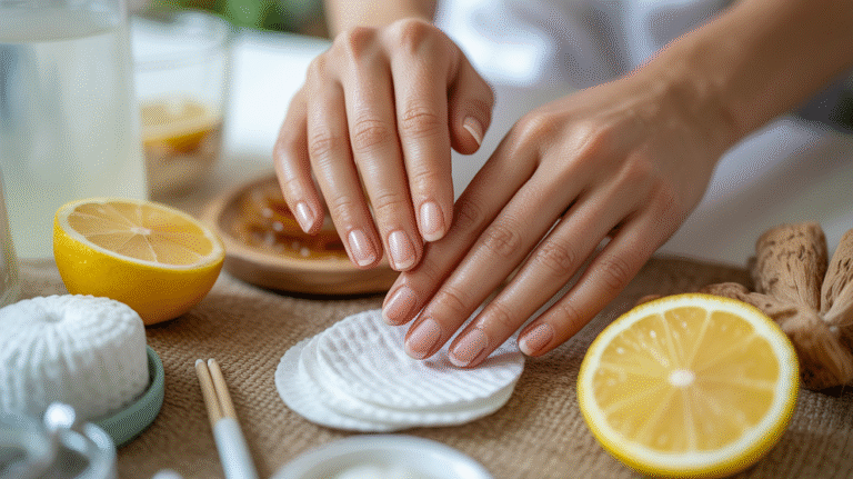 A woman is painting her nails with lemon slices placed nearby for a refreshing touch.