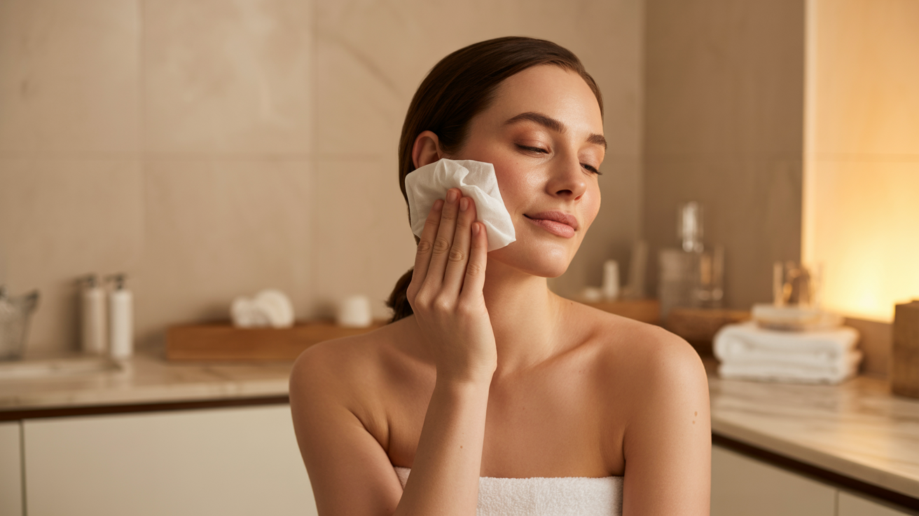A woman in a towel cleans her face with another towel, showcasing a moment of personal care and hygiene.