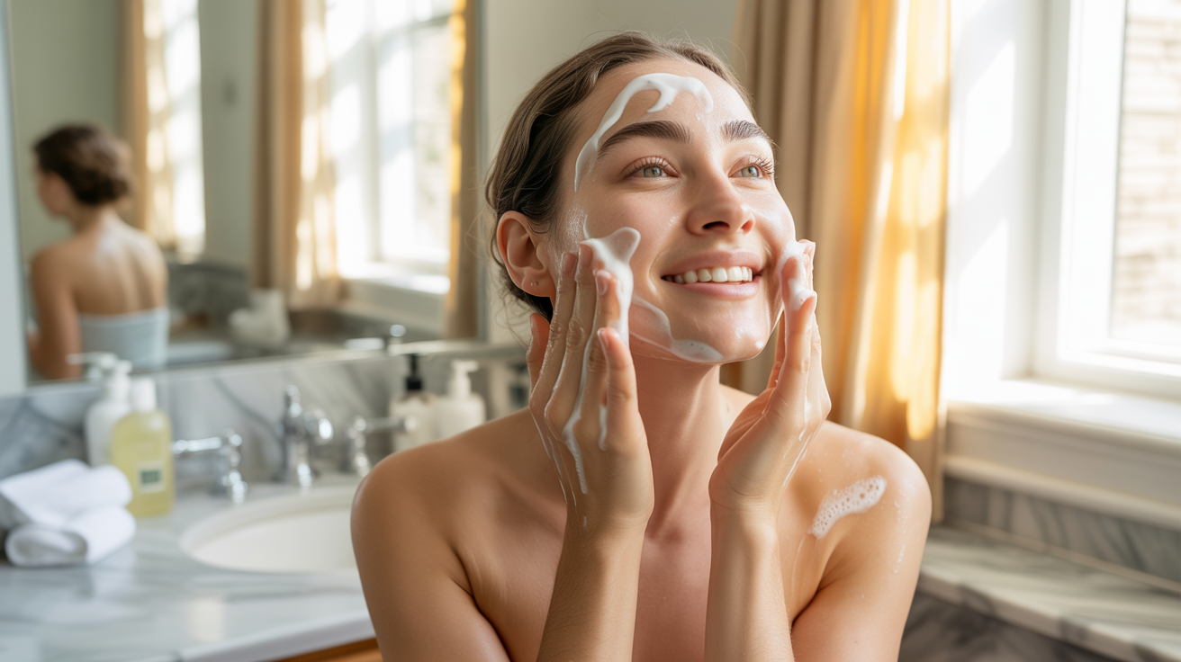 A woman applies a facial mask to her face, focusing on skincare and self-care in a bright, well-lit room.
