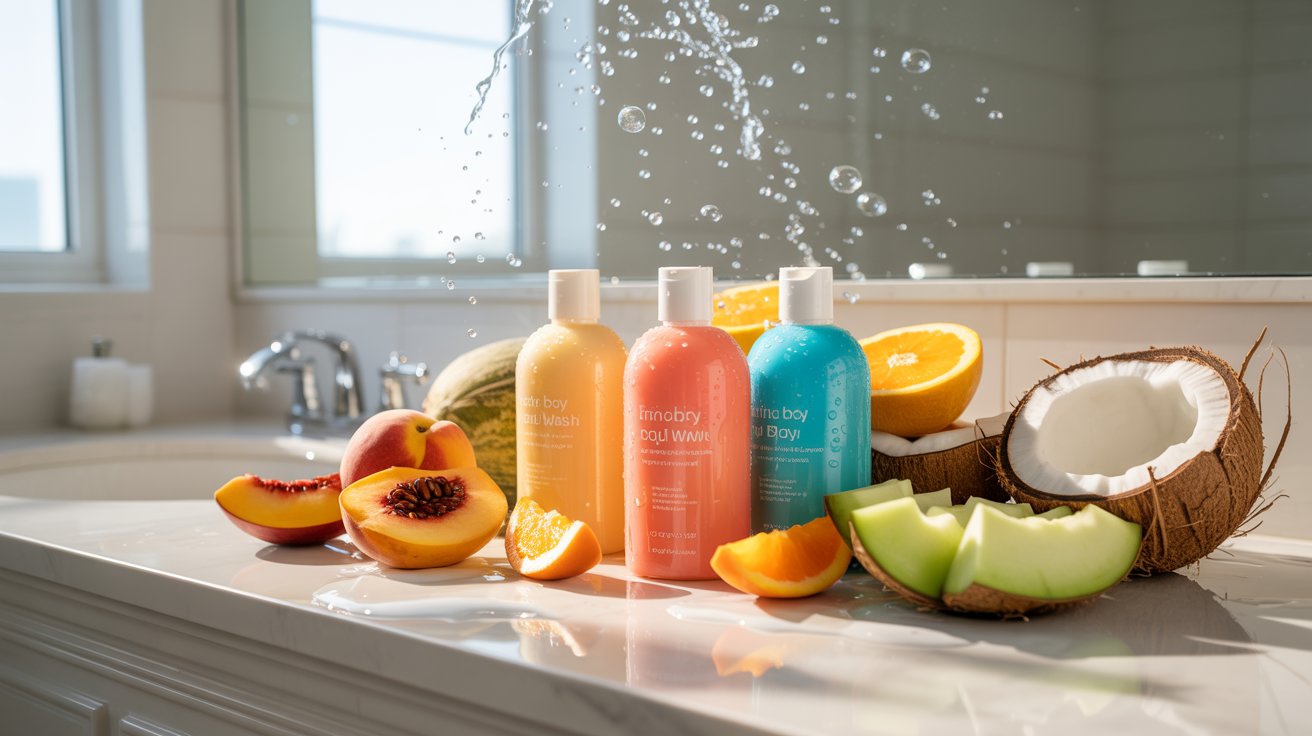 A bathroom counter featuring a shower head, shampoo bottles, and body wash containers arranged neatly.