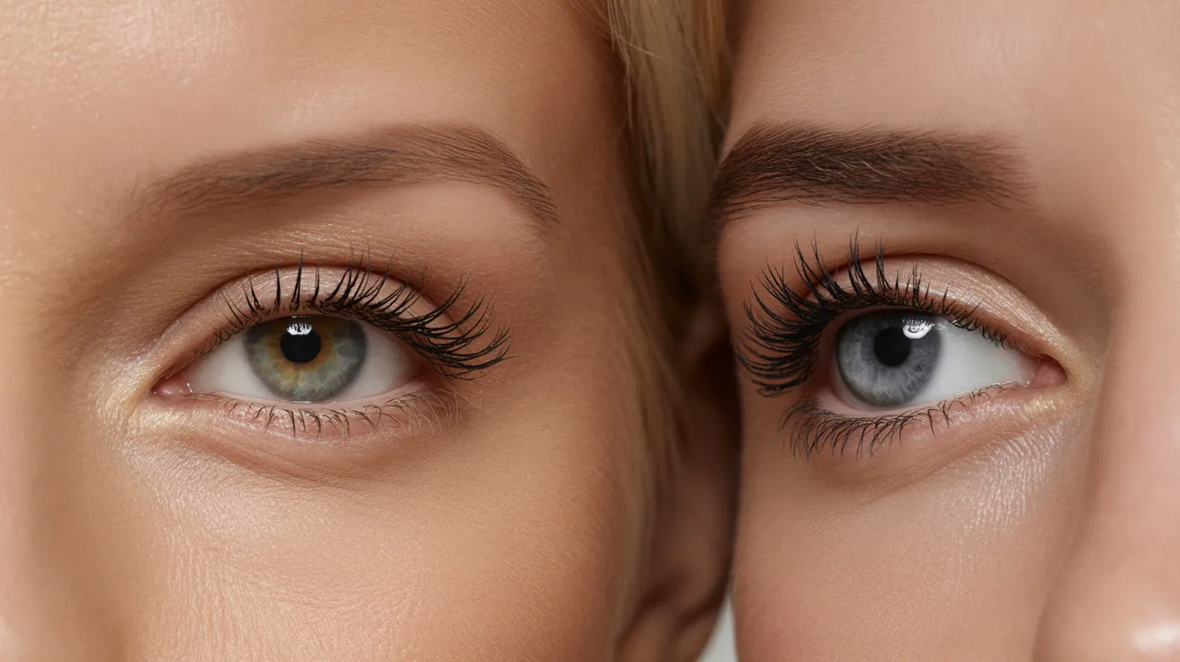 Close-up of two women's eyes, one with blue eyes and the other with brown eyes, highlighting their distinct colors.