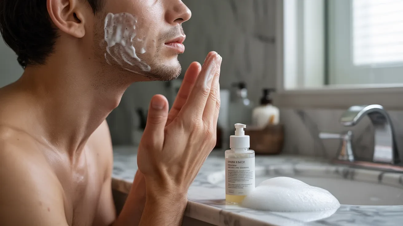 A man is shaving his face with shaving foam, focusing on his reflection in the mirror.