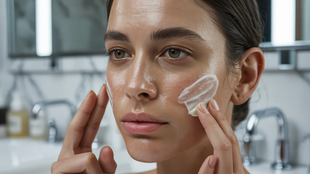 A woman gently applies cream to her face, focusing on skincare and self-care routines.