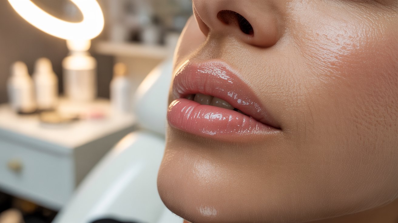 A woman receives a light treatment on her lips in a clinical setting, focusing on skincare and beauty enhancement.